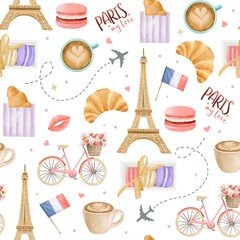 Paris watercolor hand drawn seamless patterns. French symbols backdrop © Anastasiia 