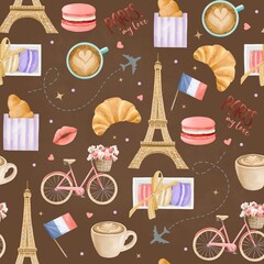 Paris watercolor hand drawn seamless patterns. French symbols backdrop © Anastasiia 