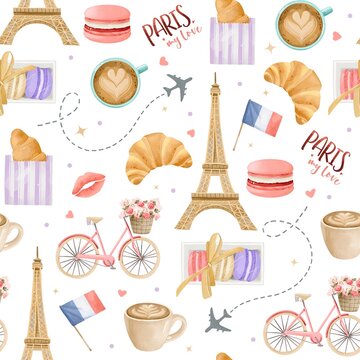 Paris watercolor hand drawn seamless patterns. French symbols backdrop