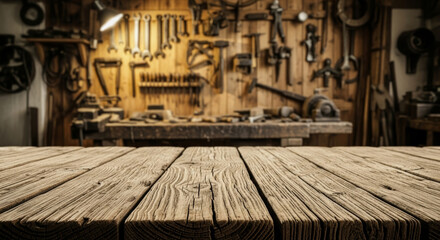 Wooden planks surface with blurred workbench tools background in a rustic workshop setting