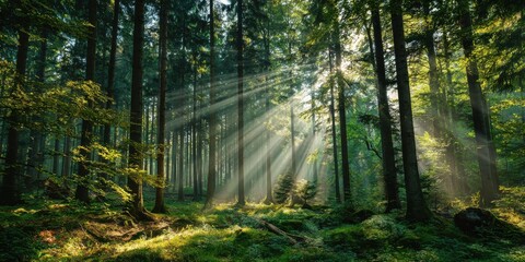 Obraz premium Sunbeams filter through the dense green forest canopy on a bright day