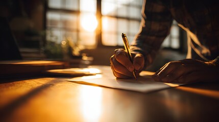 Person actively putting thoughts onto paper with a writing instrument indoors during golden hour light