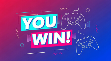 You win text with game controllers on a red and blue gradient background with geometric shapes around it