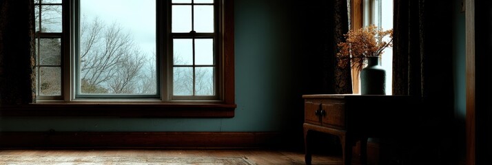 Gloomy interior scene with a window looking out at bare trees