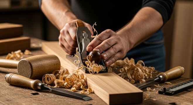 Woodworker using hand plane on wood plank with mallet and chisel on wooden workbench surface