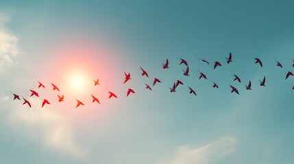 Flock of silhouetted birds flies across a bright, sunlit sky in formation