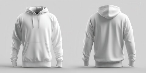 Blank white hoodie front and back view isolated on white background