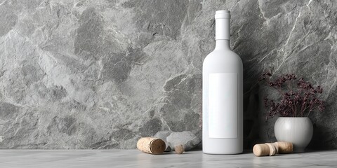 White wine bottle with blank label on a stone background