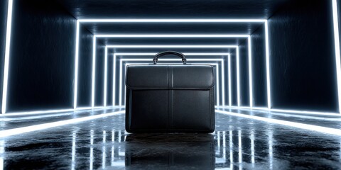 A black briefcase sits in a futuristic neonlit tunnel