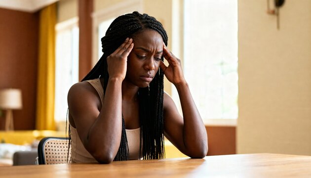 Black woman massaging temples for sinus pain with tired expression in warm indoor lighting
