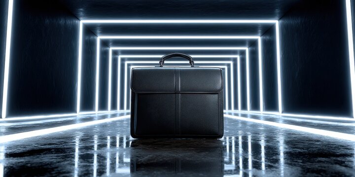 A black briefcase sits in a futuristic neonlit tunnel