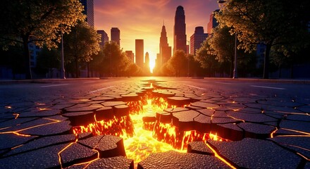 Cracked City Pavement Revealing Glowing Molten Lava Underworld