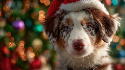 Cute dog santa hat christmas tree colorful lights festive bokeh blue eyes puppy holiday portrait close up joyful scene with warm glow and soft focus creating cozy cheer