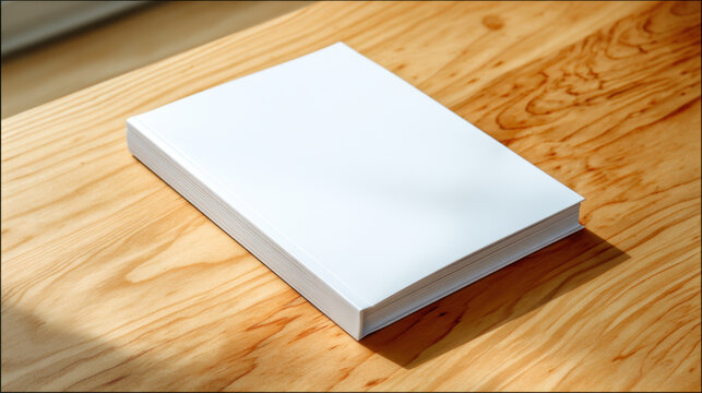 Minimalist booklet matte white cover clean design blank catalog soft shadow natural light wood table mockup modern stationery simple layout