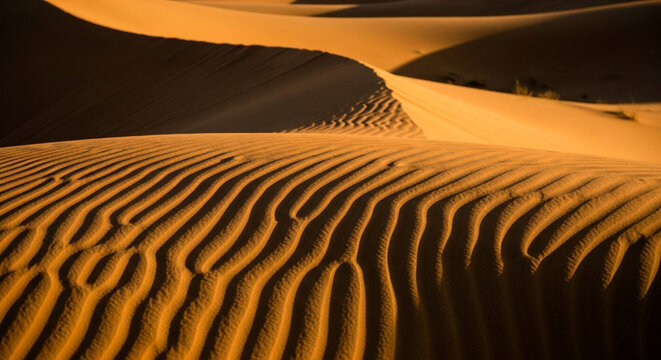 Golden hour sun casting dramatic shadows across rippled sand dunes creating stunning desert landscape scenes
