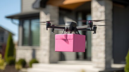 Unmanned aerial vehicle delivers a bright pink package to a modern suburban residence