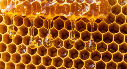 Close-up of golden honey dripping from honeycomb, perfect for food packaging, natural health, and wellness concepts
