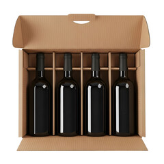 Naklejka premium Wine bottles in cardboard box alcoholic beverages delivery service gift set sommelier collection cellar storage on transparent background