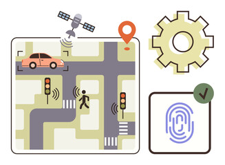 GPS tracking car on map, satellite, pedestrian crossing, biometric fingerprint, and gear icon highlight advanced technologies. Ideal for IoT, mobility, data, automation security navigation