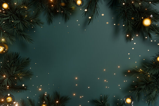 Christmas pine branches and golden garland holiday decoration with lights. 3d rendering
