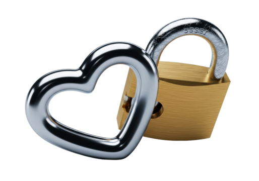 Extreme macro of a silver heart chain link and golden brass padlock, shackle snapping shut, on transparent background with dramatic studio lighting, concept of secure connection and precision