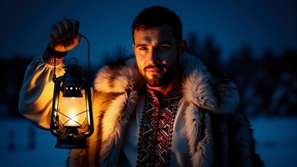 Man in traditional embroidered shirt and fur cloak holding an old lantern glowing in the winter night outdoors.