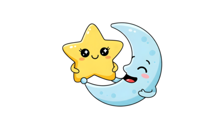 Star and moon kawaii illustration isolated on transparent background