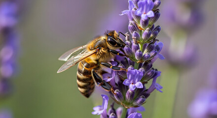 Bee gathering nectar on vibrant lavender flowers in a sunny garden, perfect for nature and wellness themes