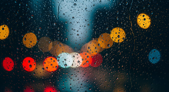 Vibrant city lights blurred by raindrops on glass, creating a moody, atmospheric backdrop for creative projects and digital art