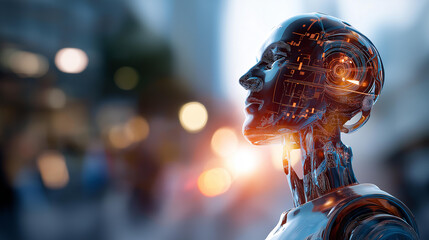 Faceless robot with HUD interface overlay defocused technological background heads up display visualization AI processing concept futuristic robot features digital information