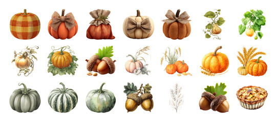 Assorted collection of charming autumnal harvest elements, featuring pumpkins, acorns, and a pie on transparent background