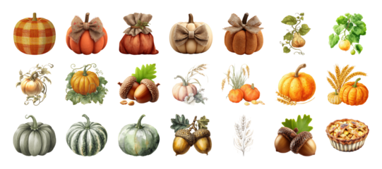 Assorted collection of charming autumnal harvest elements, featuring pumpkins, acorns, and a pie on transparent background