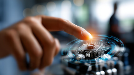 Faceless hand touching CPU icon on interface defocused artificial intelligence background machine deep learning concept data mining visualization modern computer technologies