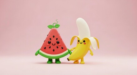 Adorable Anthropomorphic Fruit Characters Standing on Pink Background
