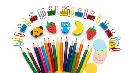 Brighten your projects with this colorful collection of pencils, clips, and erasers perfect for school, art, or creative office supply designs now