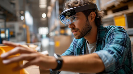 Smart warehouse management using augmented reality faceless worker with AR overlay defocused warehouse background identifying package picking future supply chain concept