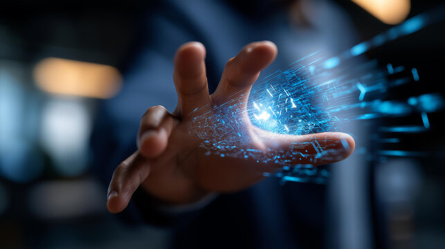 Faceless businessman hand with artificial intelligence interface defocused automated machine learning background blue digital user interface cybersecurity visualization