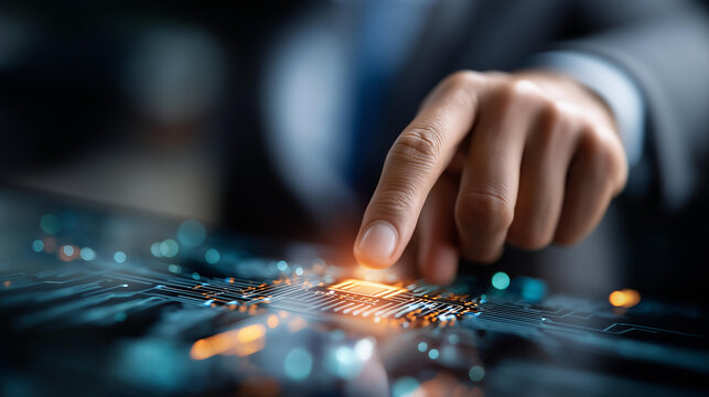 Faceless businessman's finger touching AI circuit board hologram defocused cyberpunk neon cyberspace background electronic PCB circuit icon innovative technology concept machin