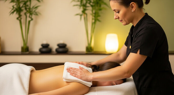 Relaxing hot towel back massage in serene spa setting offers wellness and stress relief, perfect for health and beauty promotions or self-care campaigns