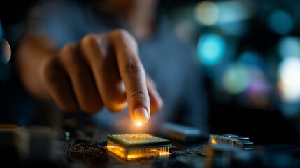 Faceless hand touching CPU icon on interface defocused artificial intelligence background machine deep learning concept data mining visualization modern computer technologies