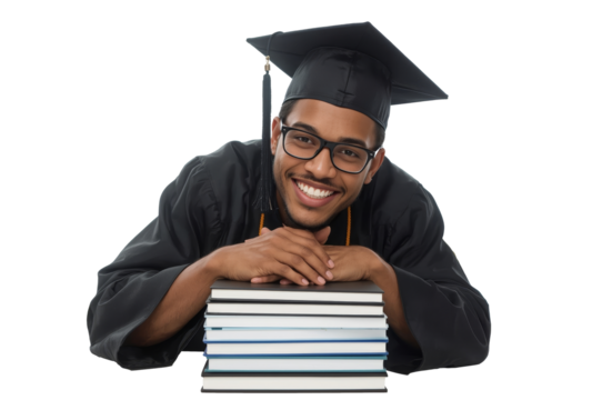 Smiling graduate in cap and gown posing with stacked books