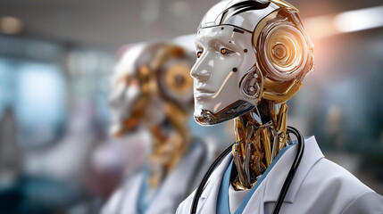 Faceless medical doctor using AI robots defocused hospital background with equipment diagnosis and care concept increasing treatment accuracy medical research innovation