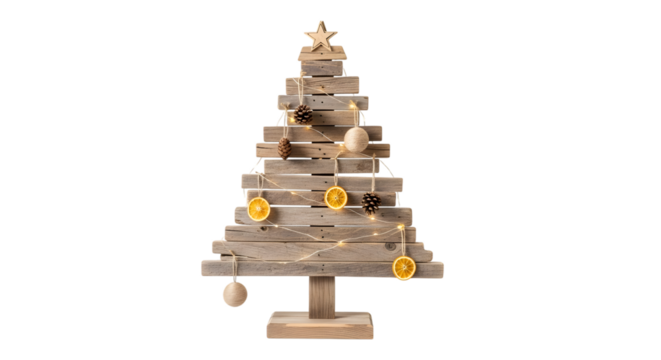 Christmas tree with rustic wood and natural decor isolated on transparent background