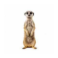Adorable meerkat standing upright with curious expression against white background