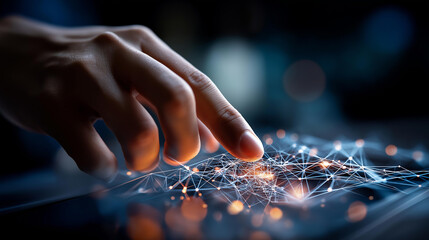 Faceless hand touching telecommunication network visualization defocused digital background with 5G LTE connections wireless mobile internet technology global business concept