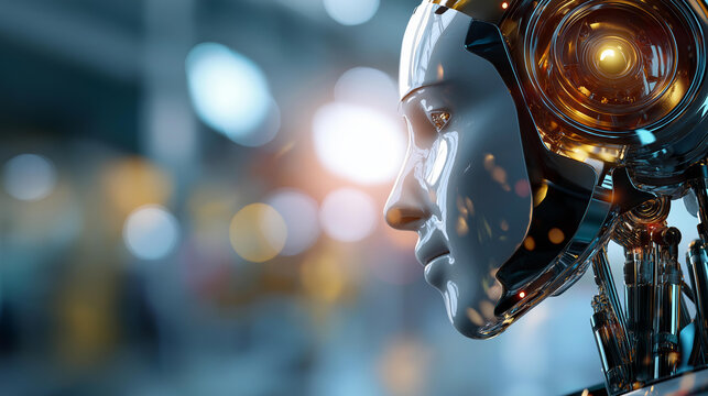 Humanoid robot face close up faceless futuristic features defocused modern tech background chatbot assistance concept auto conversation interface future digital technology AI