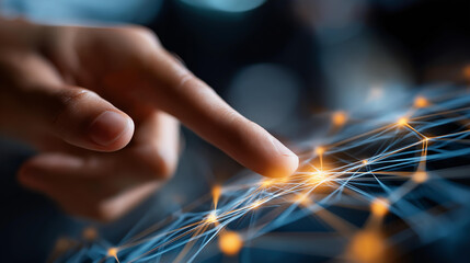 Faceless hand touching telecommunication network visualization defocused digital background with 5G LTE connections wireless mobile internet technology global business concept