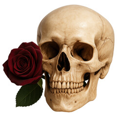 human skull sculpture adorned with a red rose