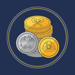 Mining themed coins in a circle on a dark blue background.