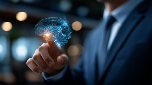 Faceless businessman touching brain hologram of AI defocused futuristic business background artificial intelligence working visualization coding software development network